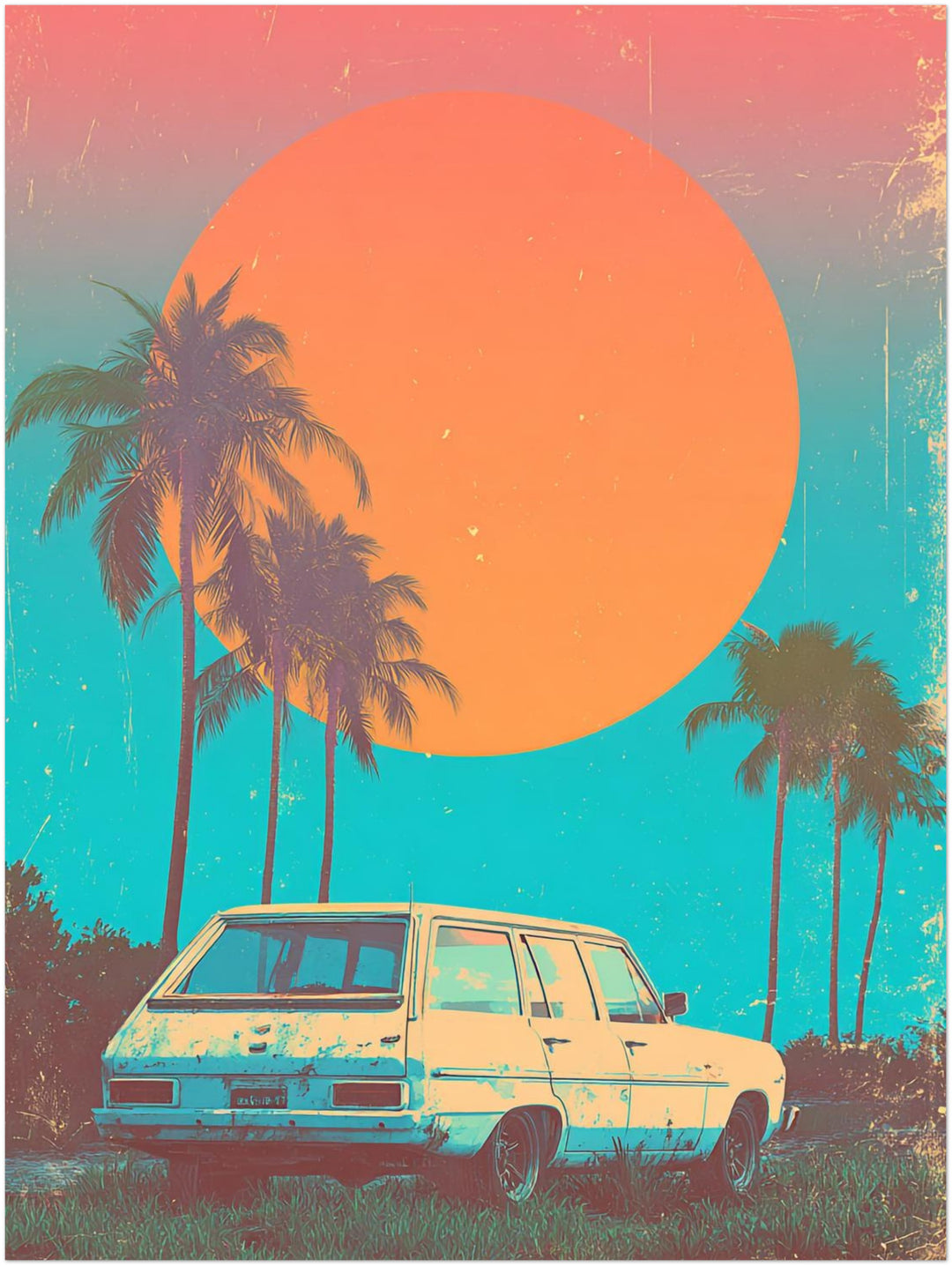 Weißer Kombi vor Palmen Vintage – Wandkunst