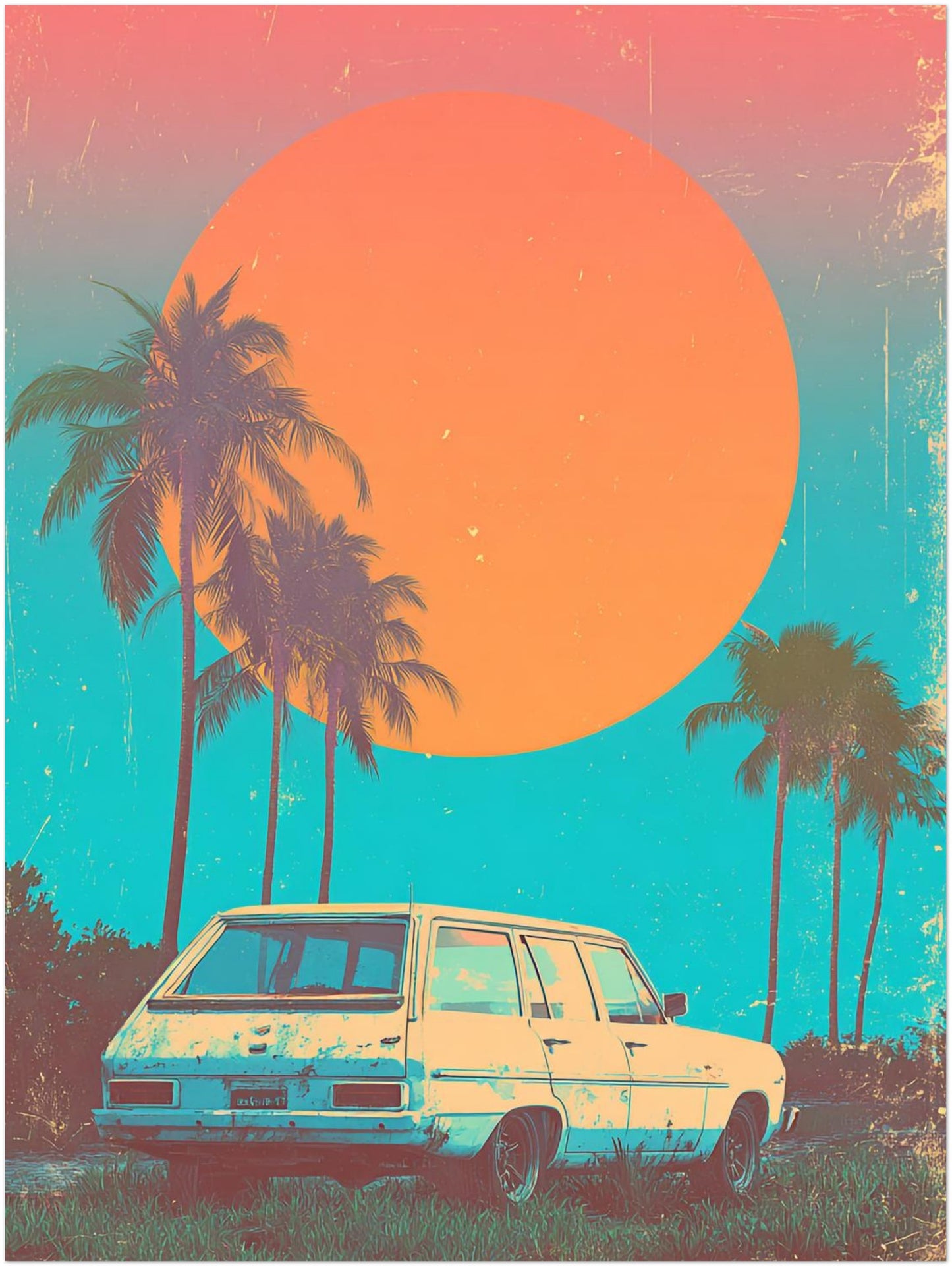 Weißer Kombi vor Palmen Poster