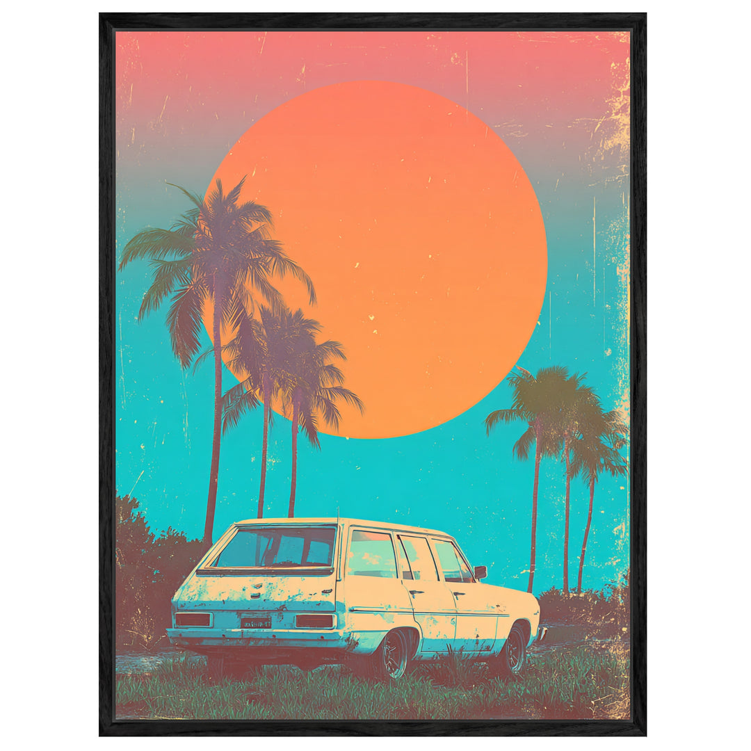 Weißer Kombi vor Palmen Leinwandbild Vintage – Leinwand auf Holzrahmen – Ansicht 4