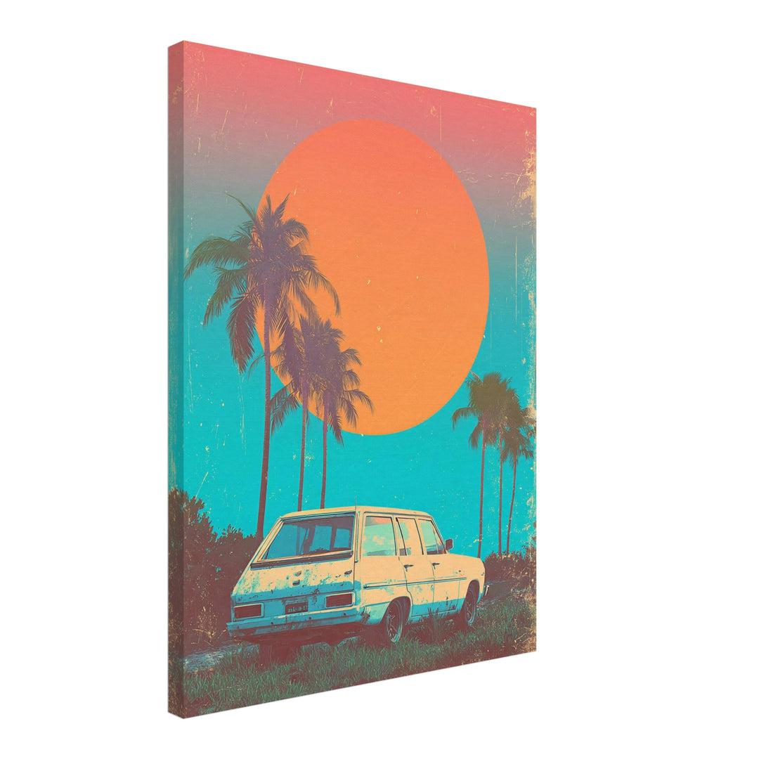 Weißer Kombi vor Palmen Leinwandbild Vintage – Leinwand auf Holzrahmen – Ansicht 2
