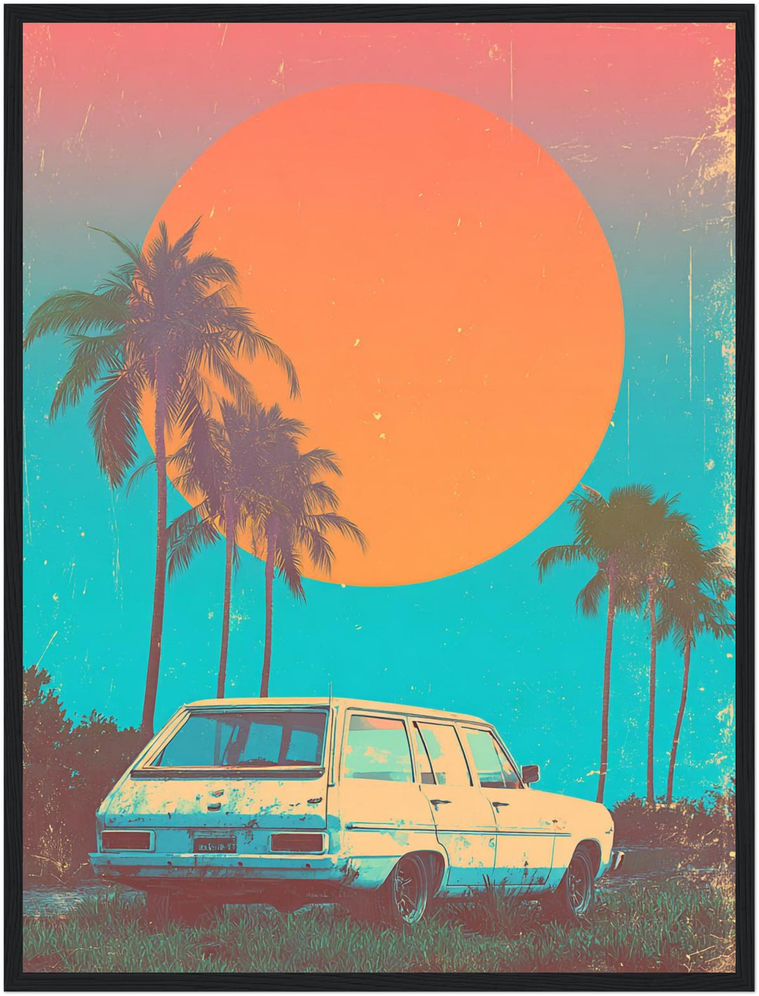 Weißer Kombi vor Palmen Poster Vintage – mattes Kunstdruck-Papier – Ansicht 3