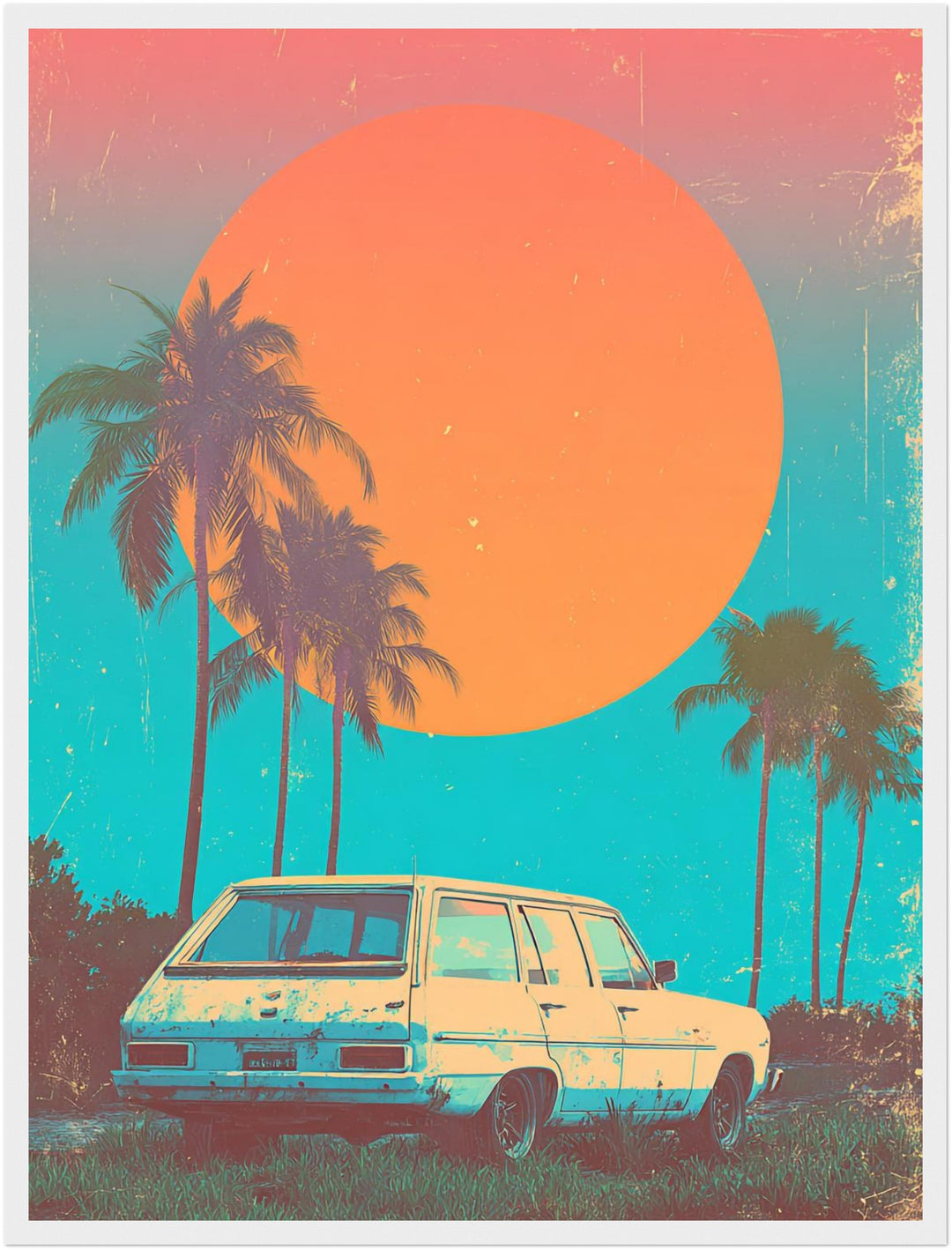 Weißer Kombi vor Palmen Poster Vintage – mattes Kunstdruck-Papier – Ansicht 6