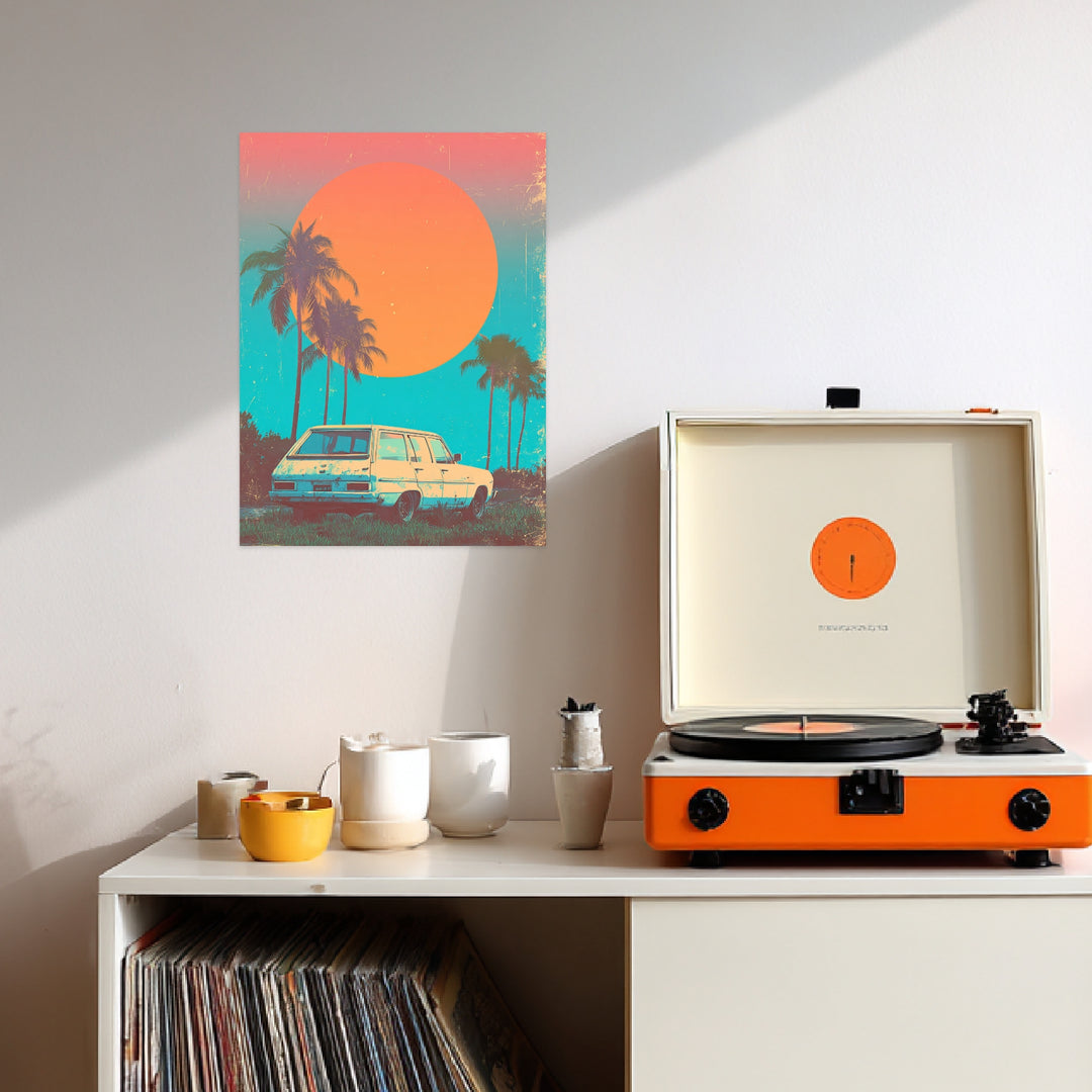 Weißer Kombi vor Palmen Leinwandbild Vintage – Leinwand auf Holzrahmen – Ansicht 3