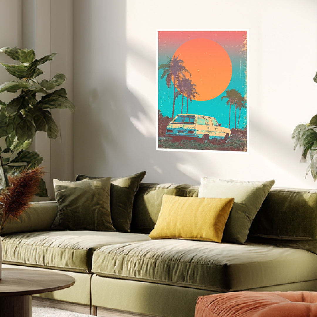 Weißer Kombi vor Palmen Poster Vintage – mattes Kunstdruck-Papier – Ansicht 4