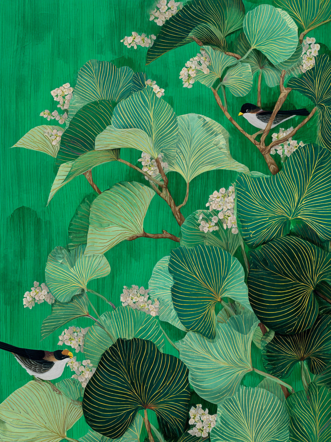 Vögel zwischen Blättern Japandi – Wandkunst