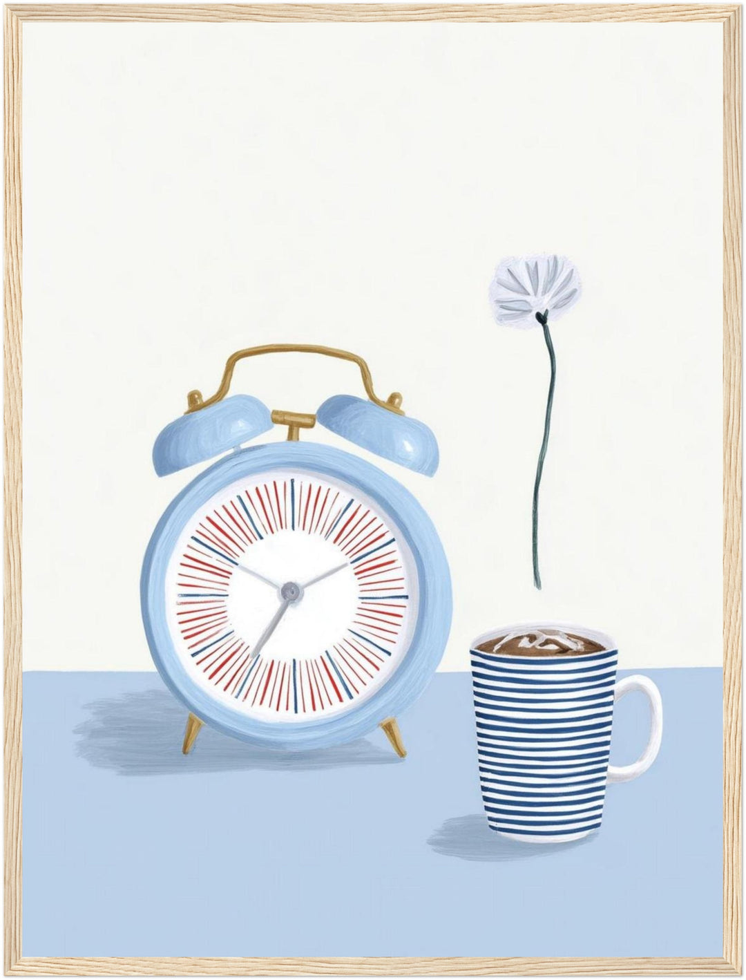 Wecker mit Kaffeetasse Poster – Holz natur Rahmen – Produktfoto