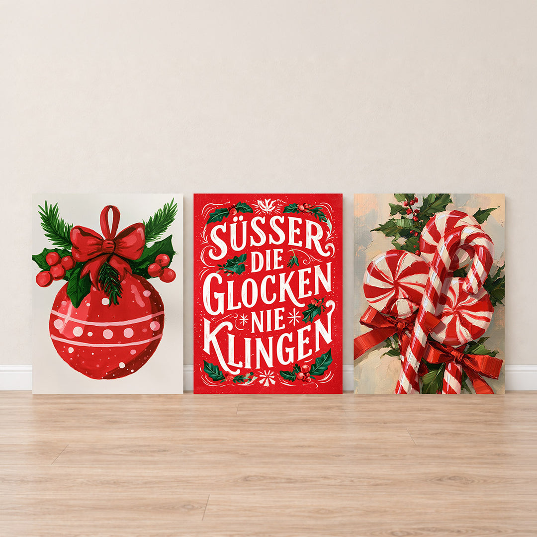 Set-Ansicht: Weihnachten Leinwand Set – Rot & Retro (3er)