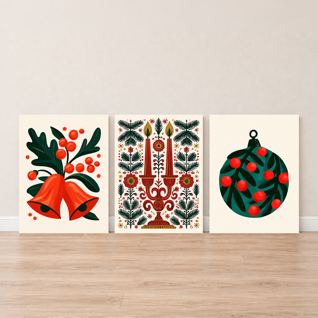 Set-Ansicht: Weihnachtskugeln Leinwand Set – Glocken & Beeren (3er)