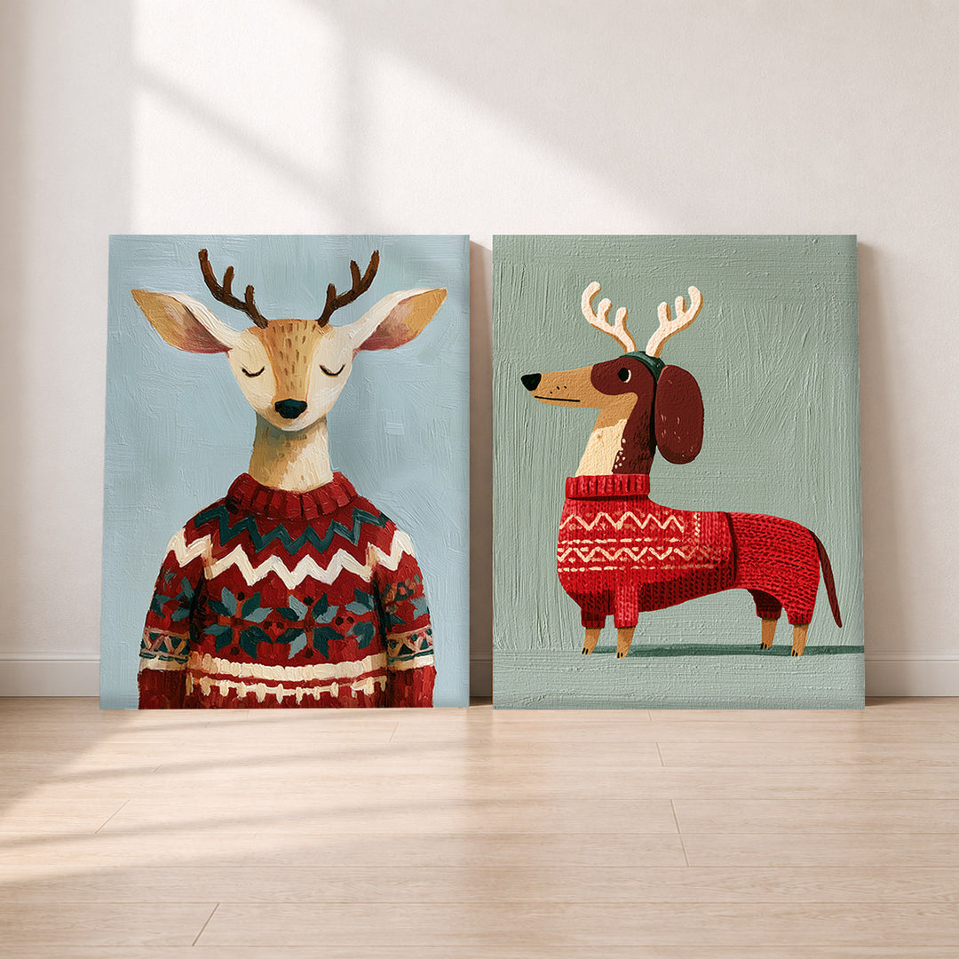 Set-Ansicht: Weihnachtspullover Leinwand Set – Rentier & Dackel (2er)