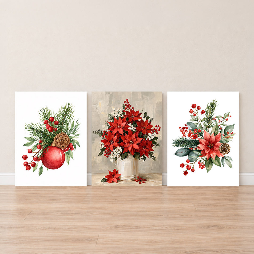 Set-Ansicht: Weihnachtsstern Leinwand Set – Vintage Botanik (3er)