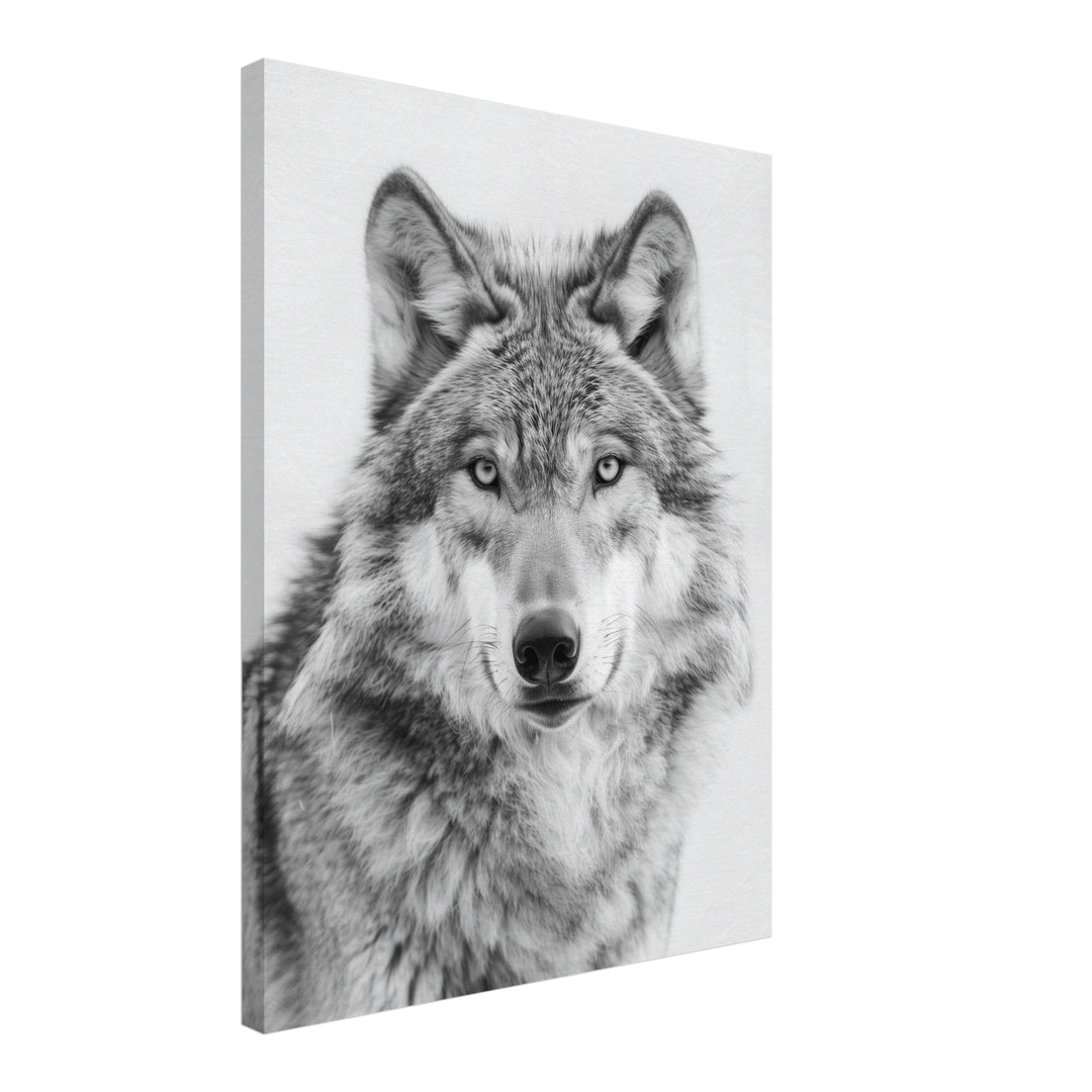 Wolf im Schwarz-Weiß-Zauber Leinwandbild – Schräge Ansicht – Produktfoto