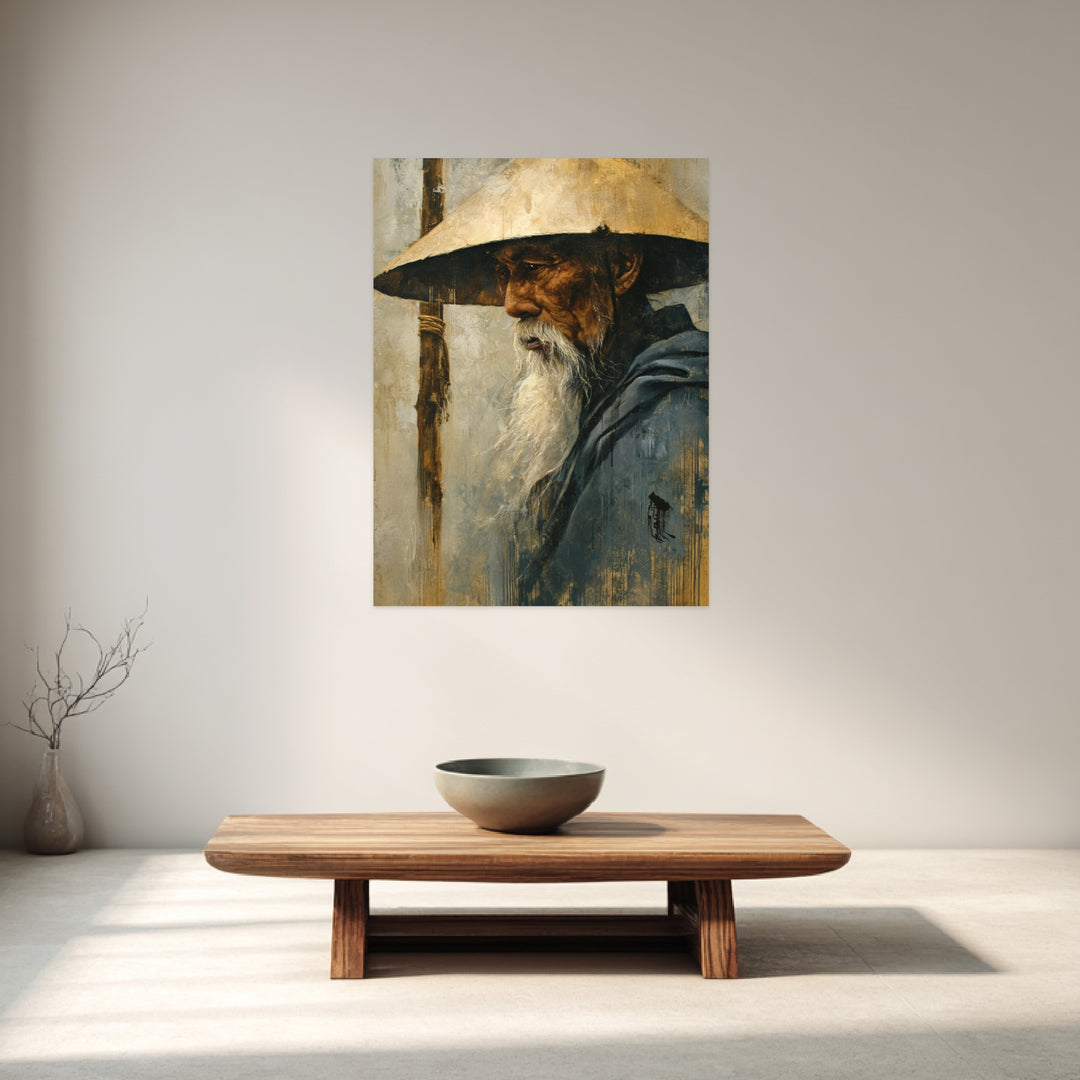 Alter Mann mit Strohhut Tusche Leinwandbild Zen – Leinwand auf Holzrahmen – Ansicht 2