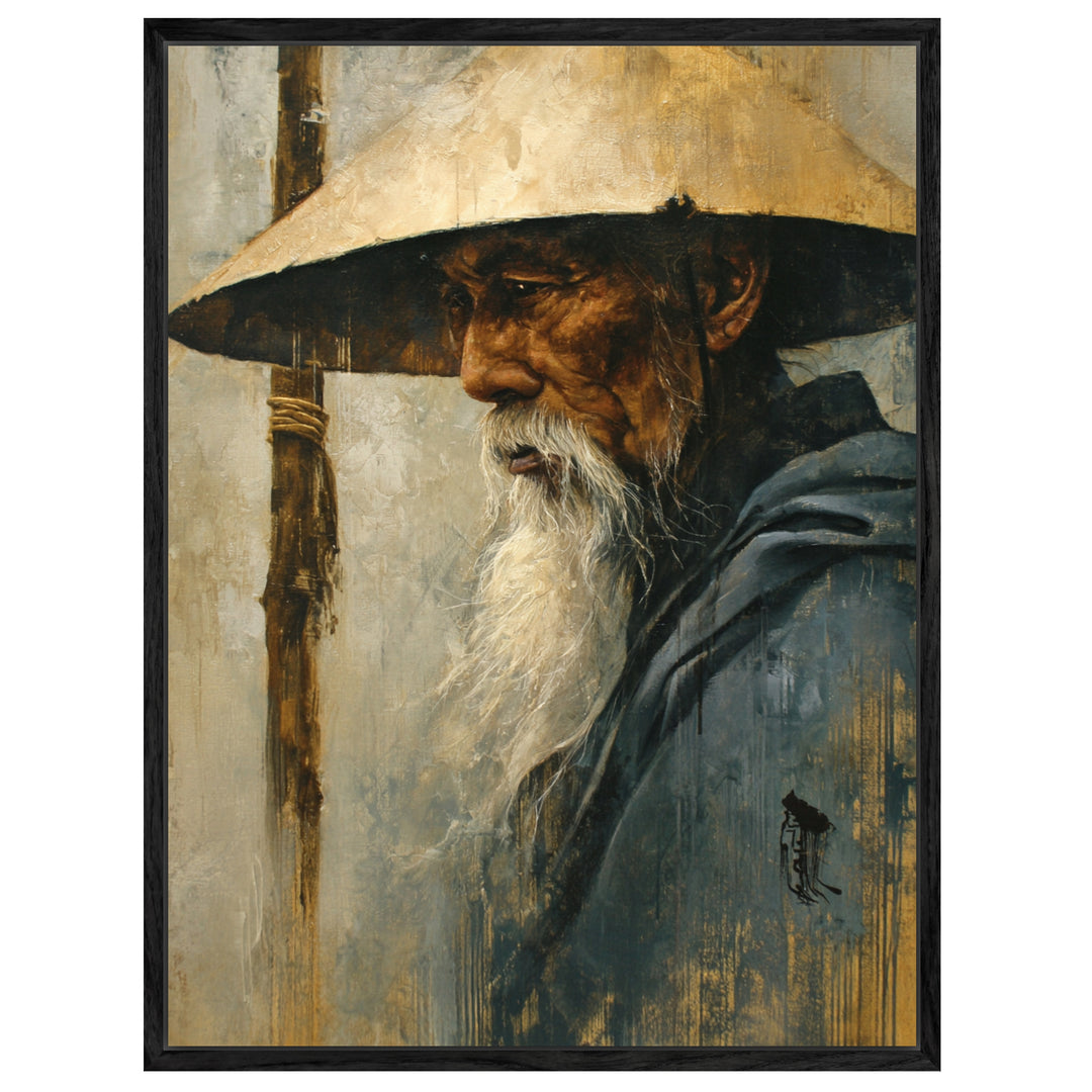 Alter Mann mit Strohhut Tusche Leinwandbild Zen – Leinwand auf Holzrahmen – Ansicht 4