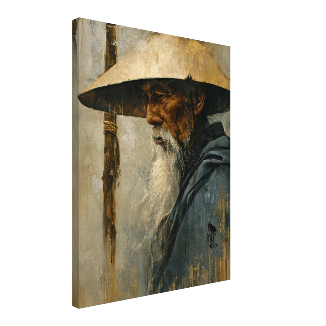 Alter Mann mit Strohhut Tusche Leinwandbild Zen – Leinwand auf Holzrahmen – Ansicht 3