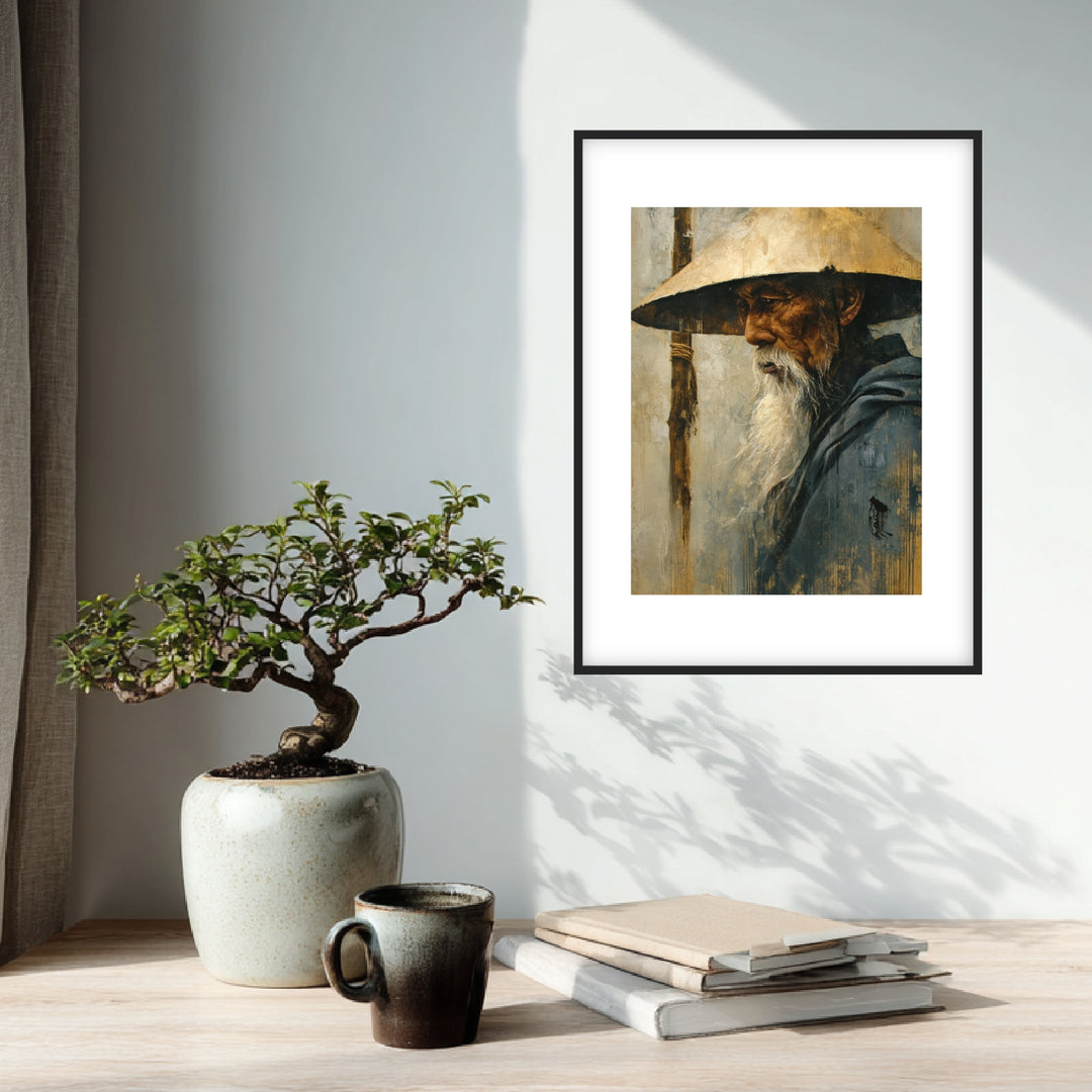 Alter Mann mit Strohhut Tusche Poster Zen – mattes Kunstdruck-Papier – Ansicht 2