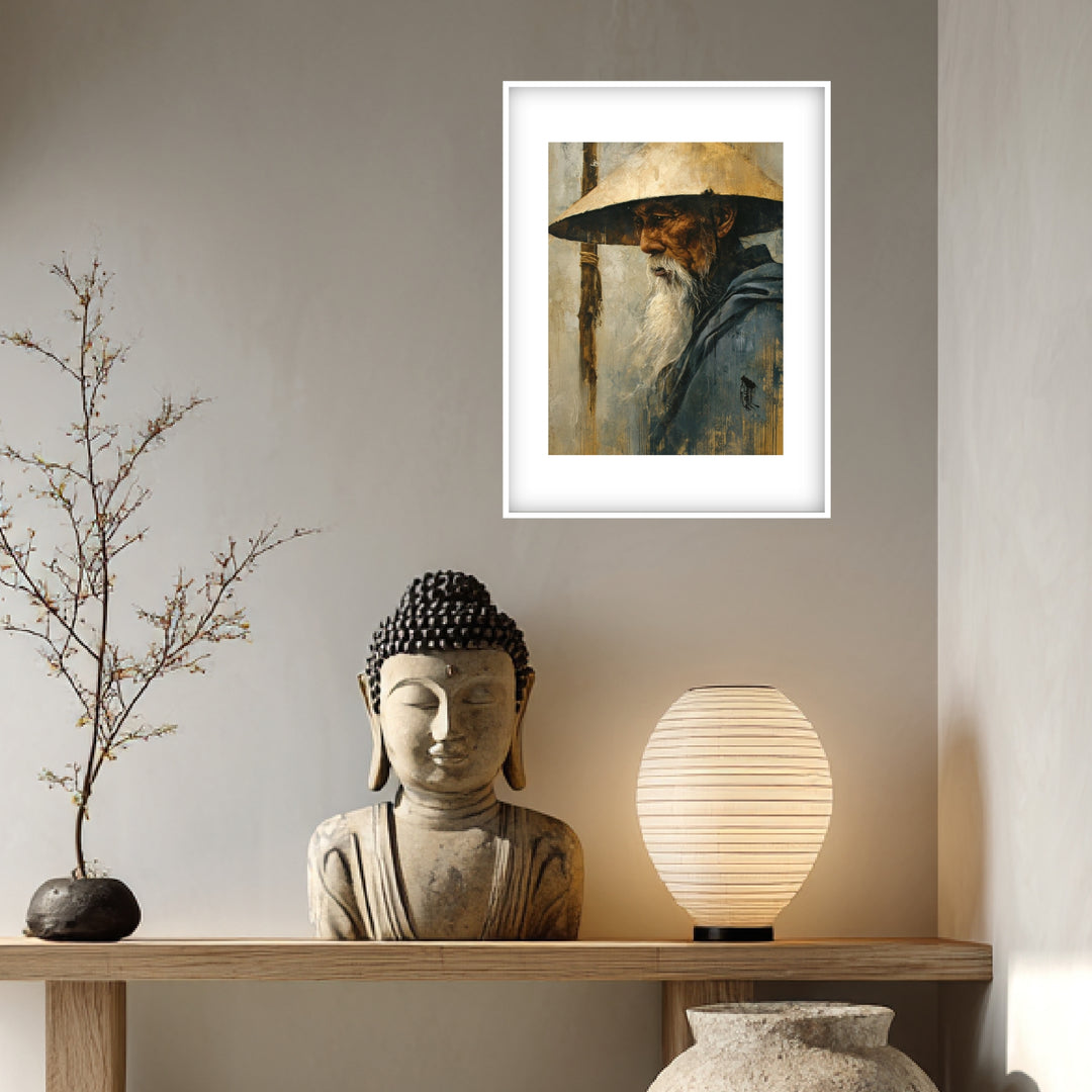 Alter Mann mit Strohhut Tusche Poster Zen – mattes Kunstdruck-Papier – Ansicht 4