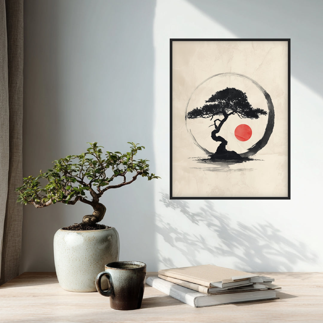 Bonsai mit roter Sonne Poster Zen – mattes Kunstdruck-Papier – Ansicht 3