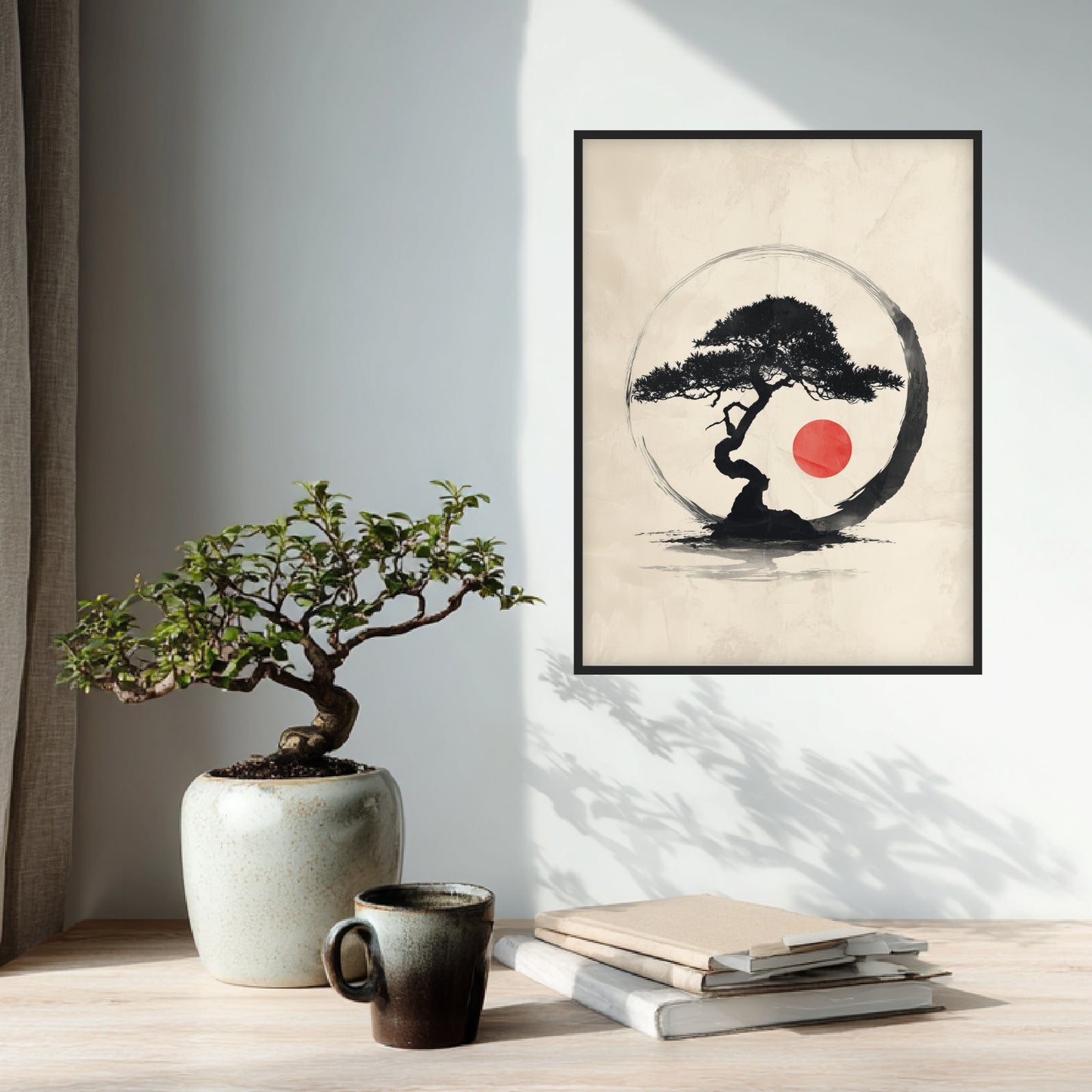 Bonsai mit roter Sonne Poster
