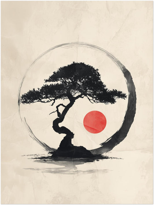 Bonsai mit roter Sonne Leinwandbild