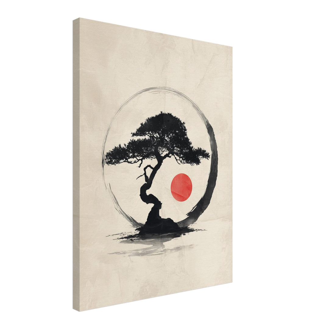 Bonsai mit roter Sonne Leinwandbild Zen – Leinwand auf Holzrahmen – Ansicht 2