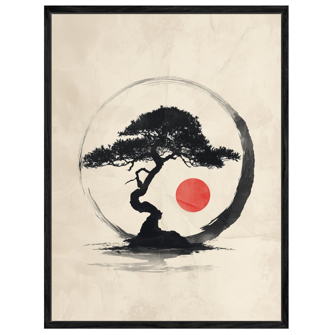 Bonsai mit roter Sonne Leinwandbild Zen – Leinwand auf Holzrahmen – Ansicht 4