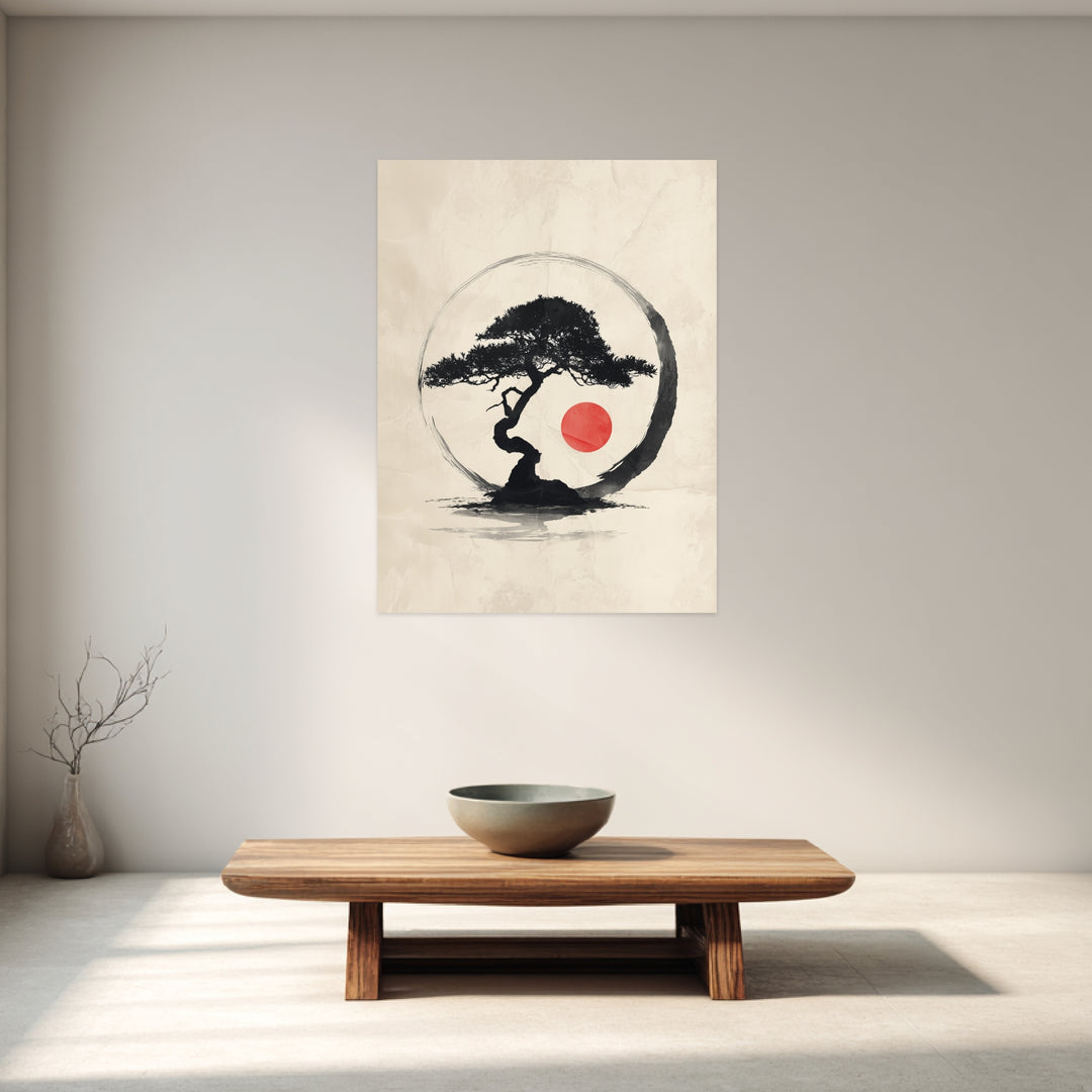 Bonsai mit roter Sonne Leinwandbild Zen – Leinwand auf Holzrahmen – Ansicht 3