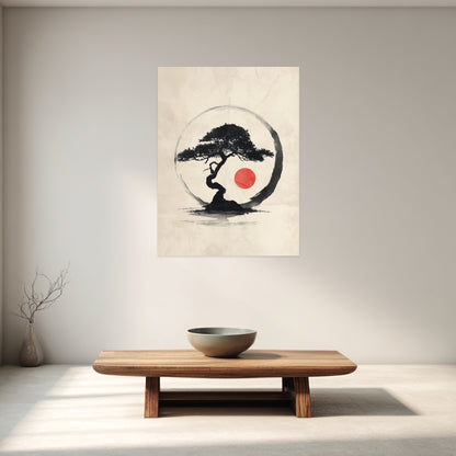 Bonsai mit roter Sonne Leinwandbild