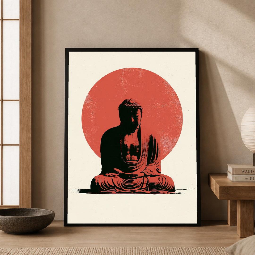Buddha im roten Licht Poster – Schwarzer Rahmen – Produktfoto