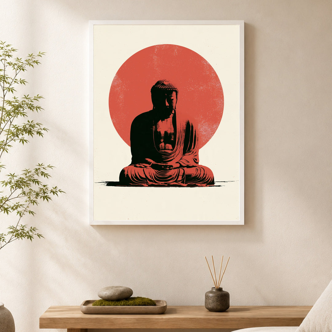 Buddha im roten Licht Poster – Weißer Rahmen – Produktfoto