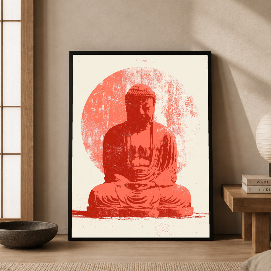 Roter Buddha im Licht Poster – Schwarzer Rahmen – Produktfoto