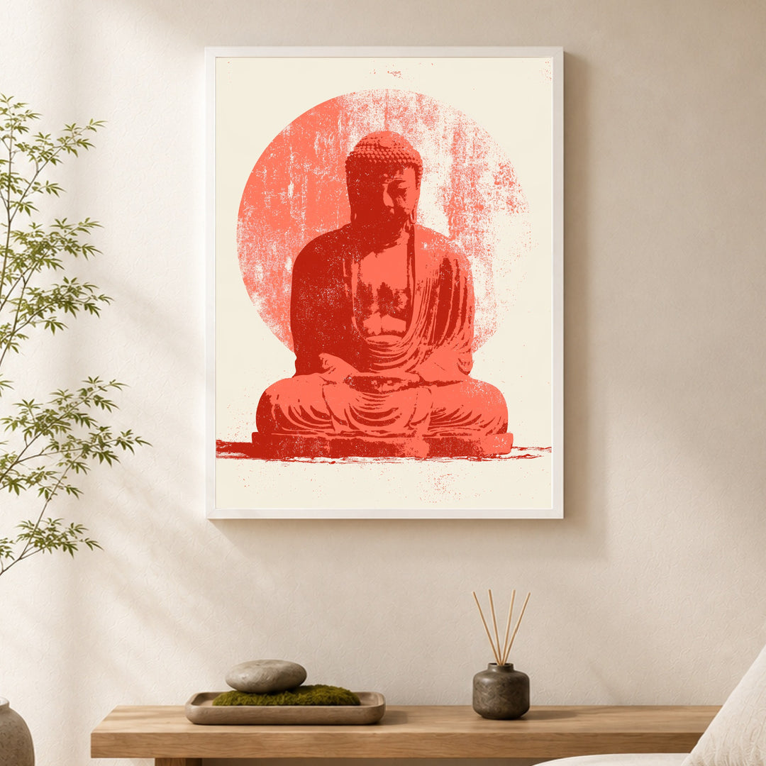 Roter Buddha im Licht Poster – Weißer Rahmen – Produktfoto
