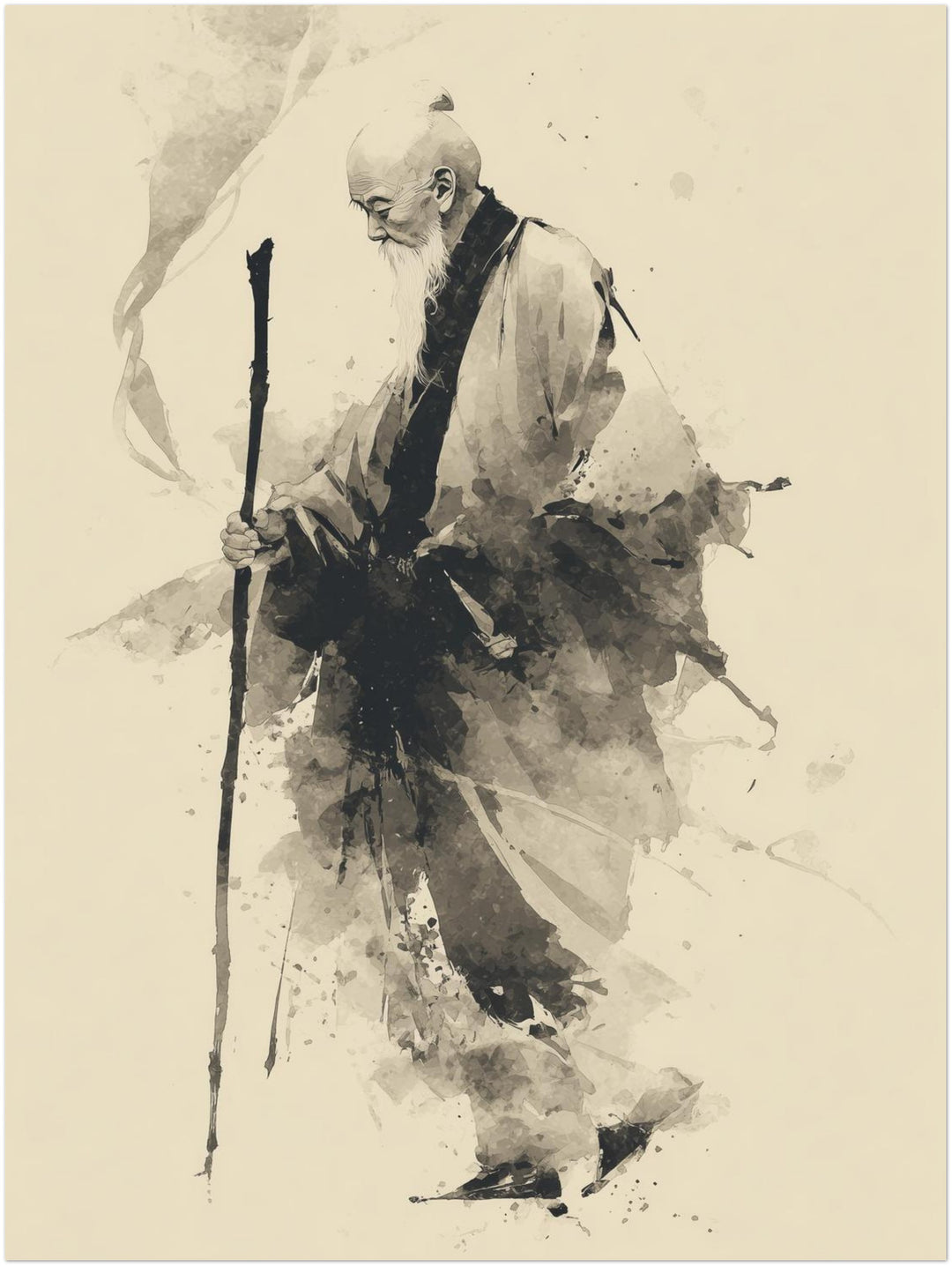 Gehender Mönch mit Stab Zen – Wandkunst
