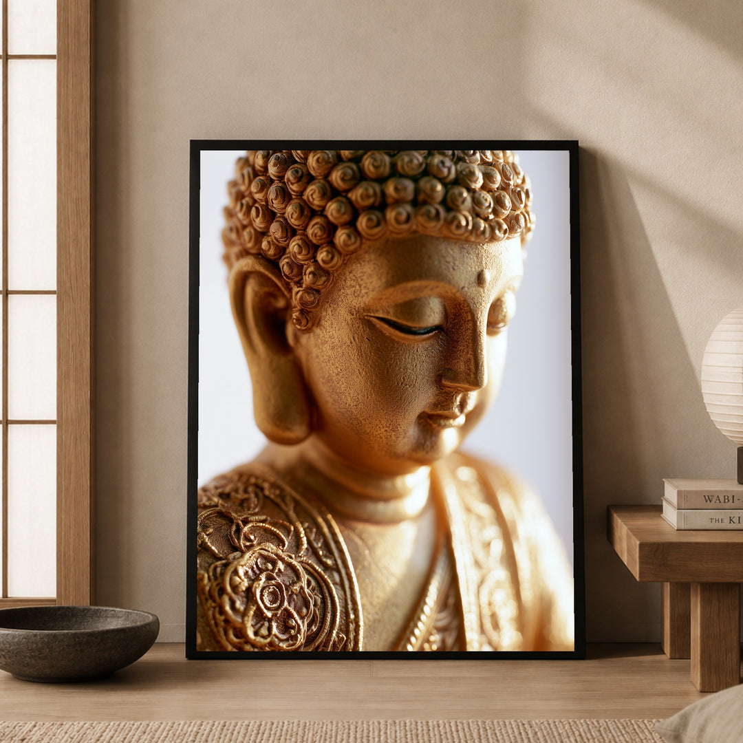 Goldener Buddha in Stille Poster – Schwarzer Rahmen – Produktfoto