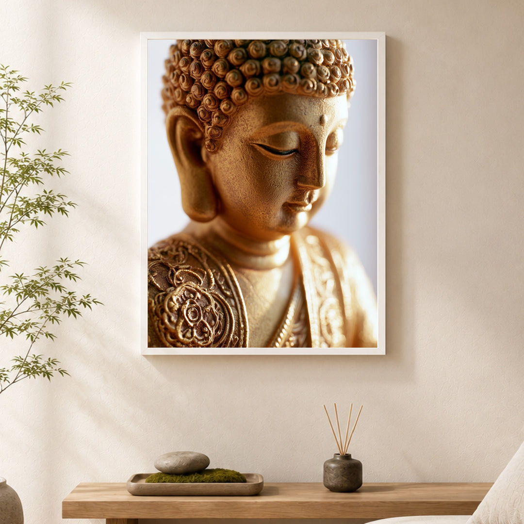 Goldener Buddha in Stille Poster – Weißer Rahmen – Produktfoto