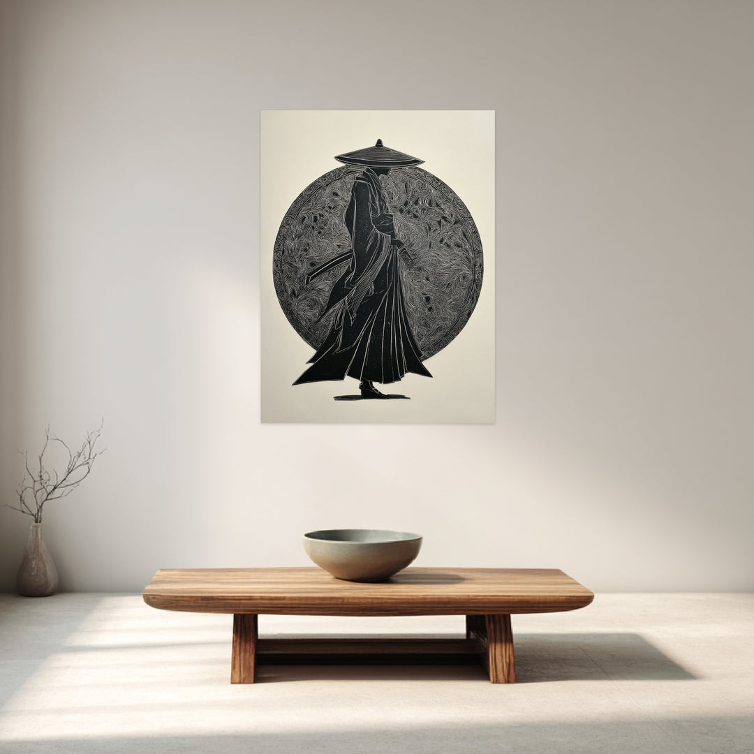 Samurai Silhouette Holzschnitt Leinwandbild Zen – Leinwand auf Holzrahmen – Ansicht 2