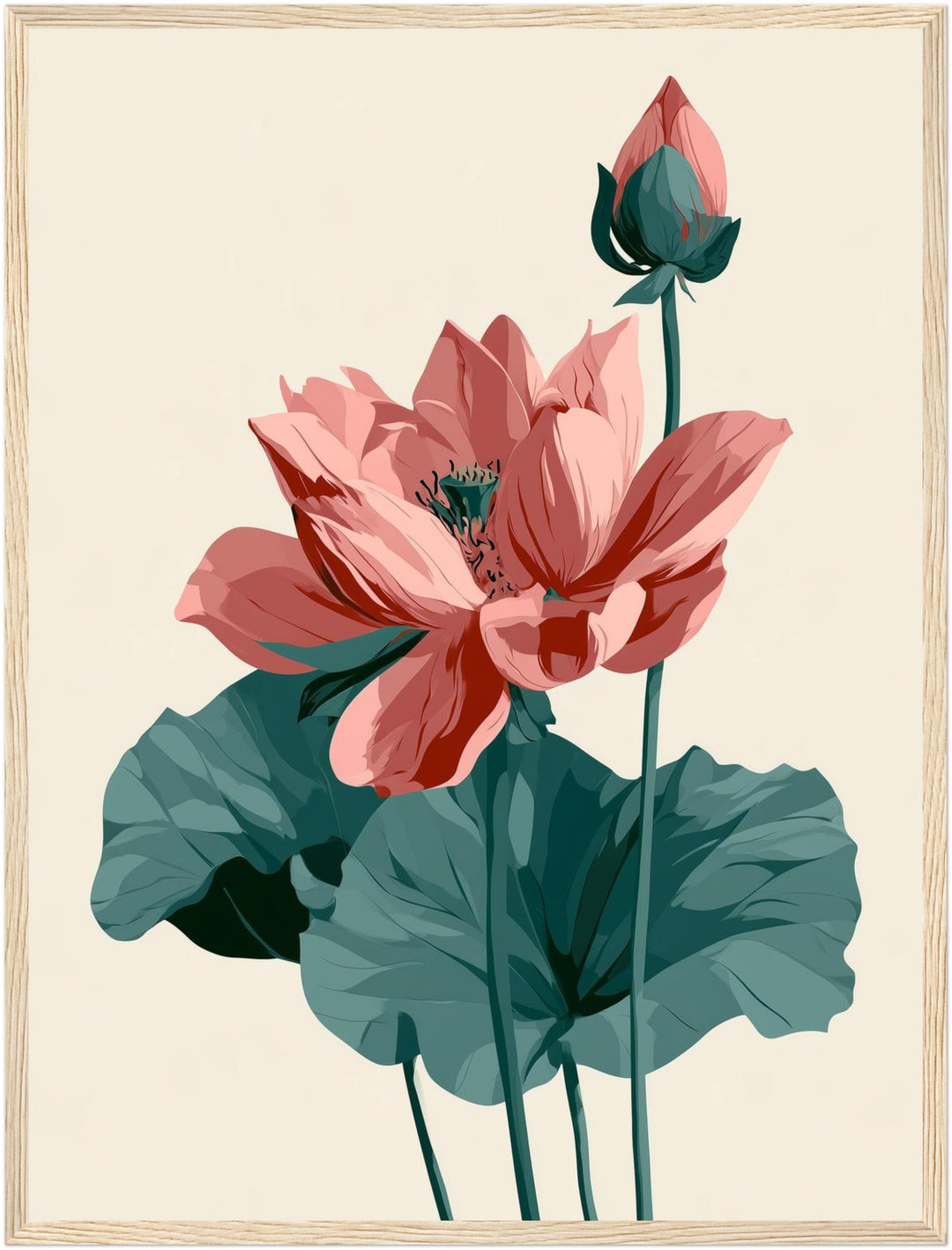 Lotusblüte und Knospe Poster – Holz natur Rahmen – Produktfoto