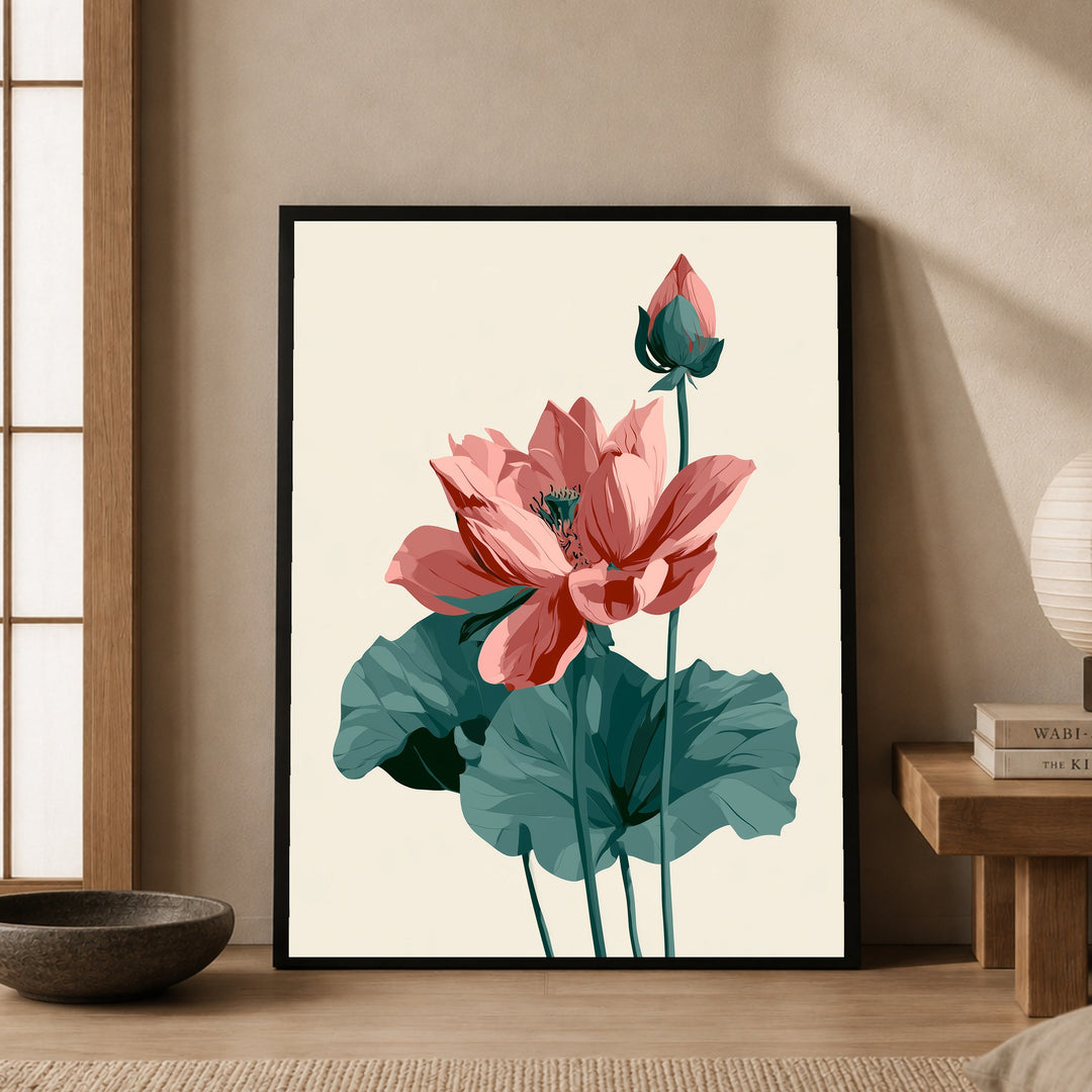 Lotusblüte und Knospe Poster – Schwarzer Rahmen – Produktfoto