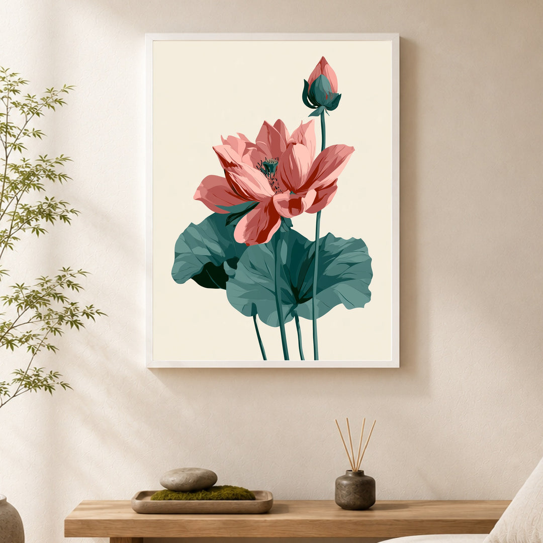Lotusblüte und Knospe Poster – Weißer Rahmen – Produktfoto
