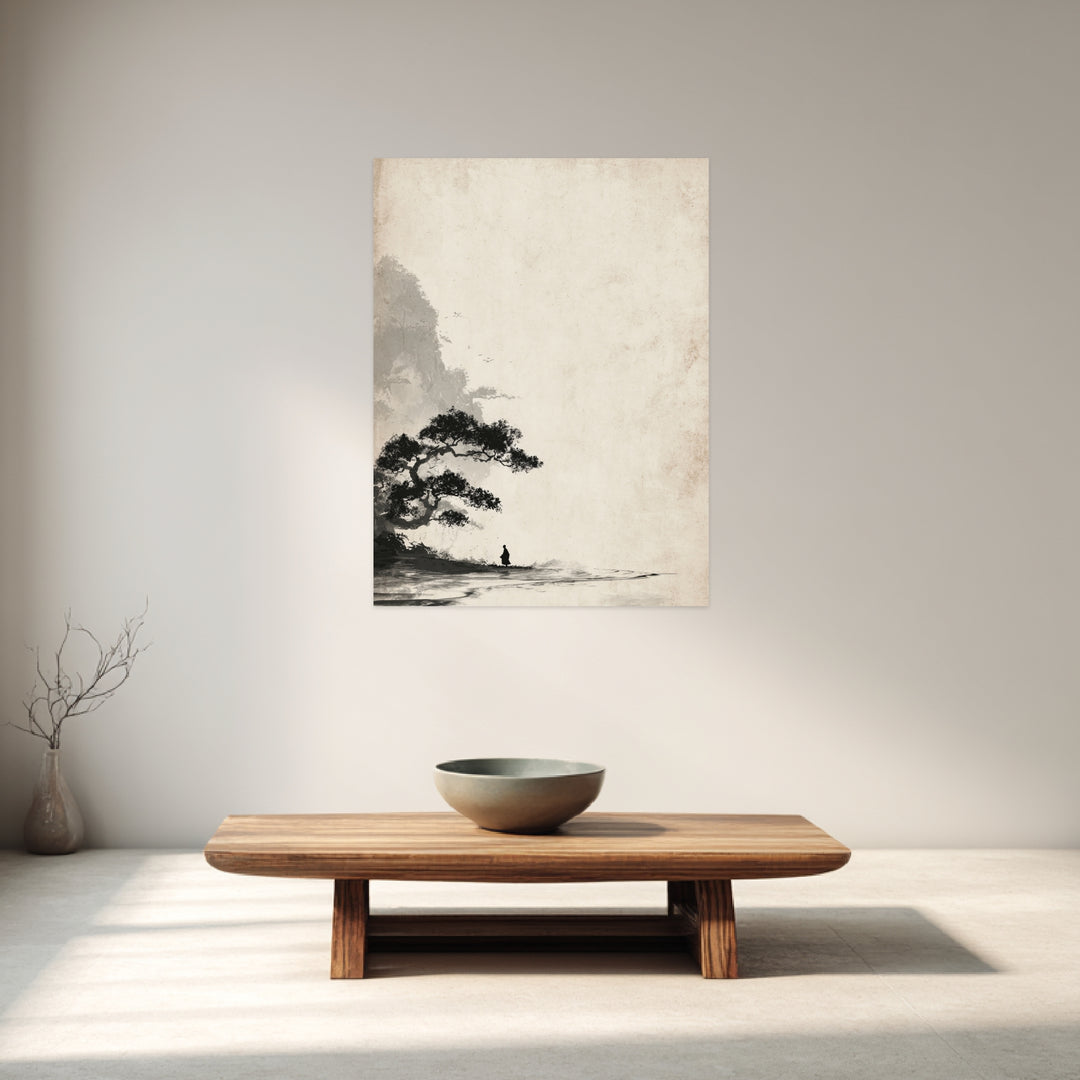 Mönch unter Baum Sumi-e Leinwandbild Zen – Leinwand auf Holzrahmen – Ansicht 3