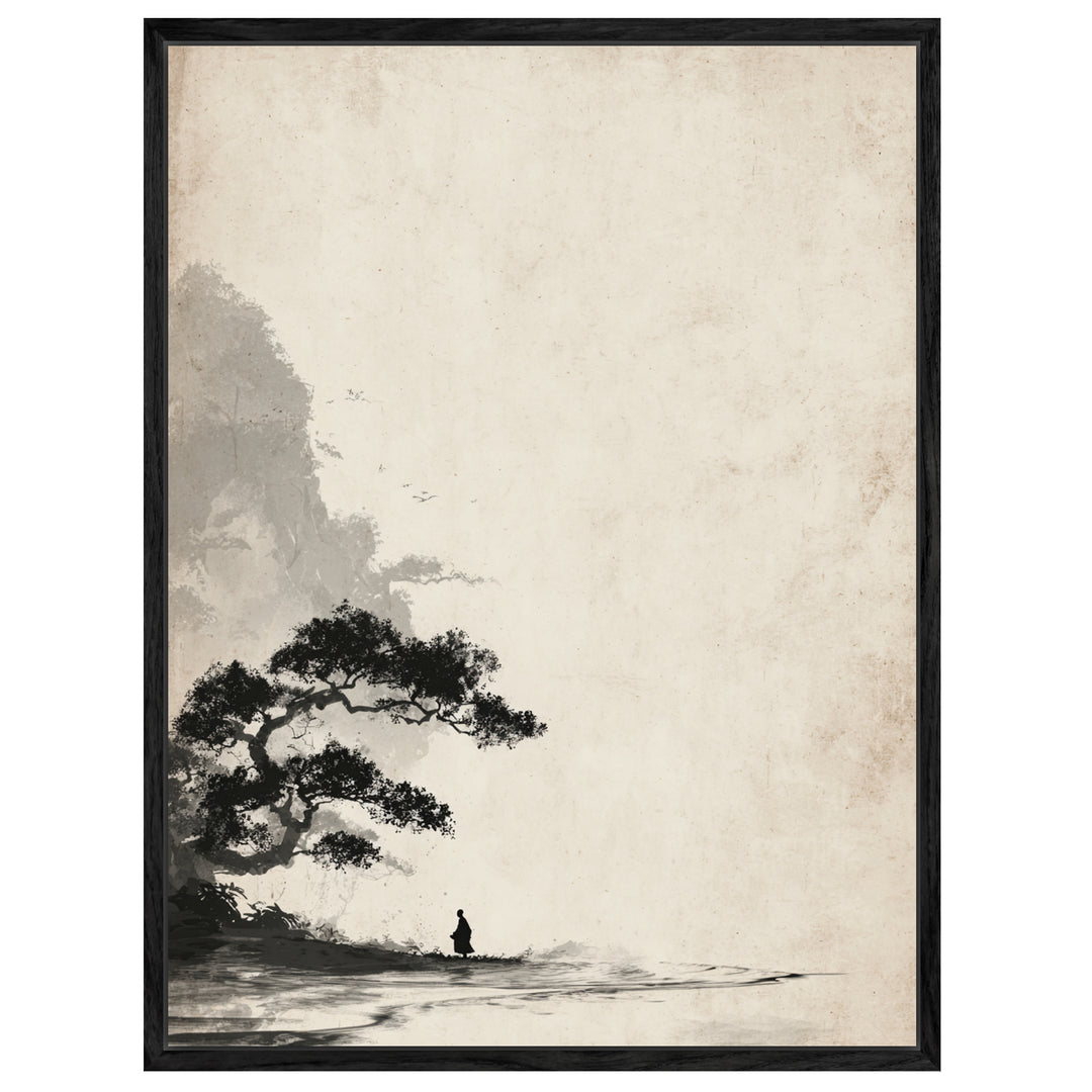 Mönch unter Baum Sumi-e Leinwandbild Zen – Leinwand auf Holzrahmen – Ansicht 4
