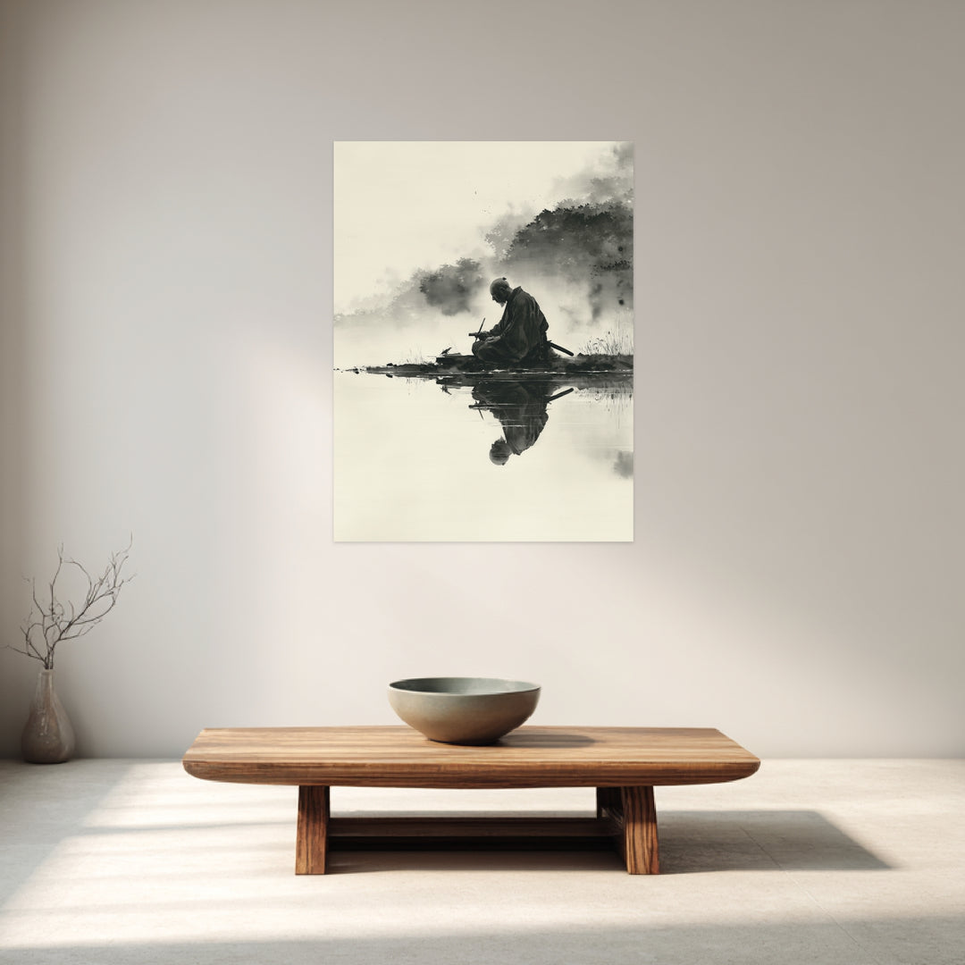 Sitzender Krieger am Wasser Leinwandbild Zen – Leinwand auf Holzrahmen – Ansicht 3
