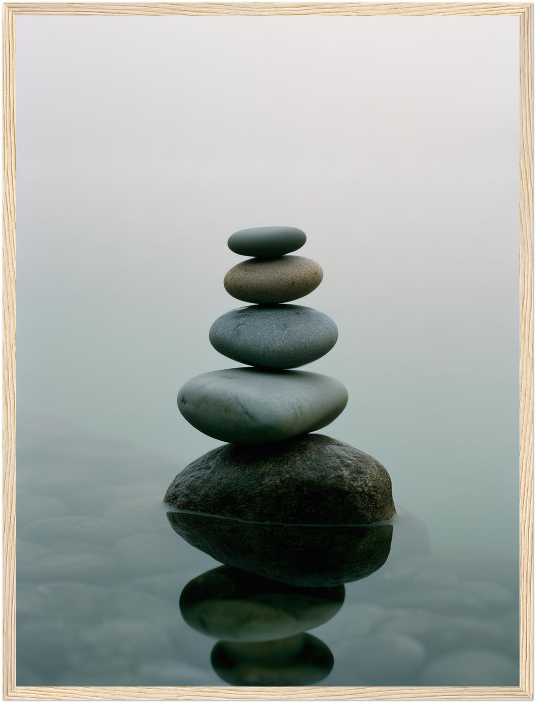 Steine im stillen Wasser Poster – Holz natur Rahmen – Produktfoto