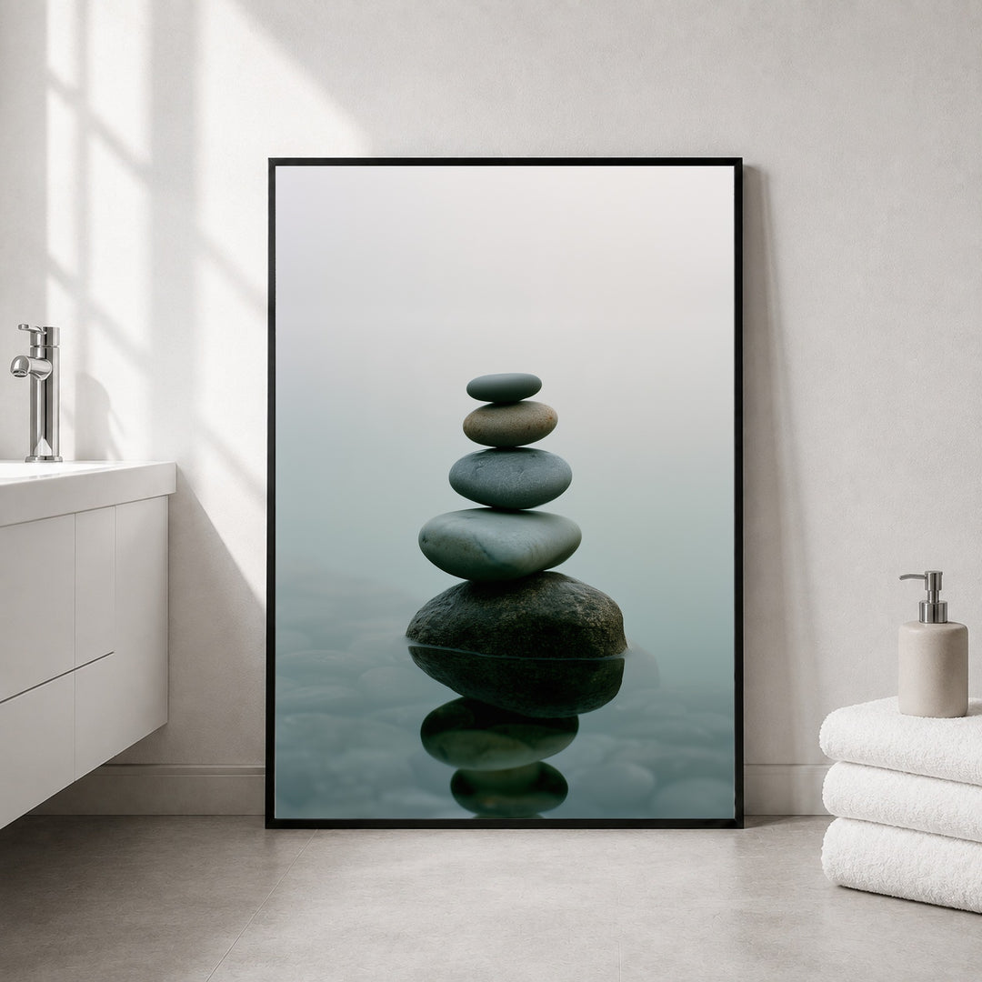 Steine im stillen Wasser Poster – Schwarzer Rahmen – Produktfoto