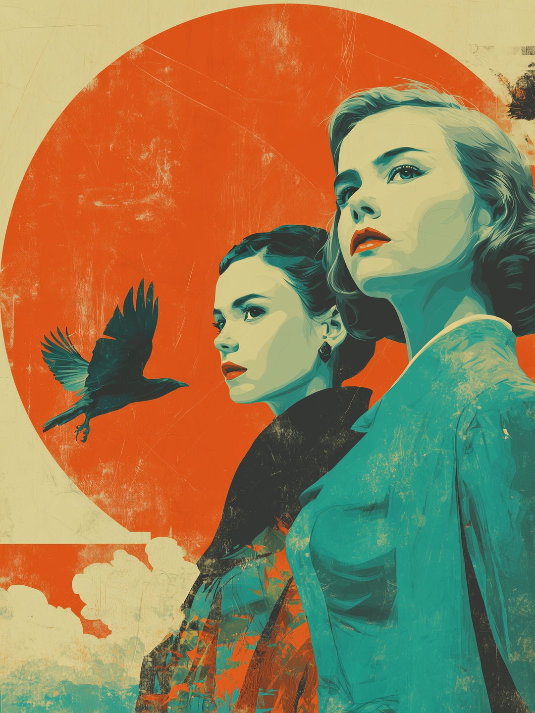 Zwei Frauen mit Rabe Retro – Wandkunst