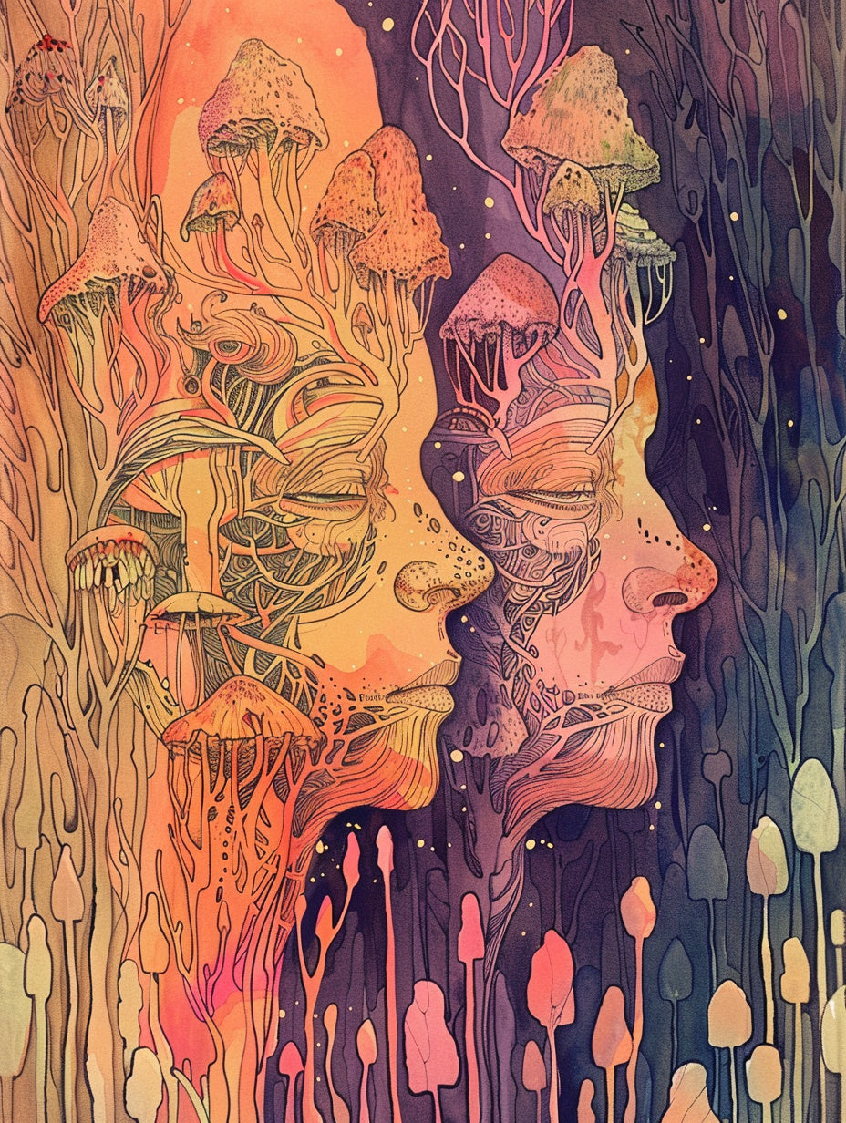 Zwei Gesichter mit Pilzen Psychedelic – Wandkunst